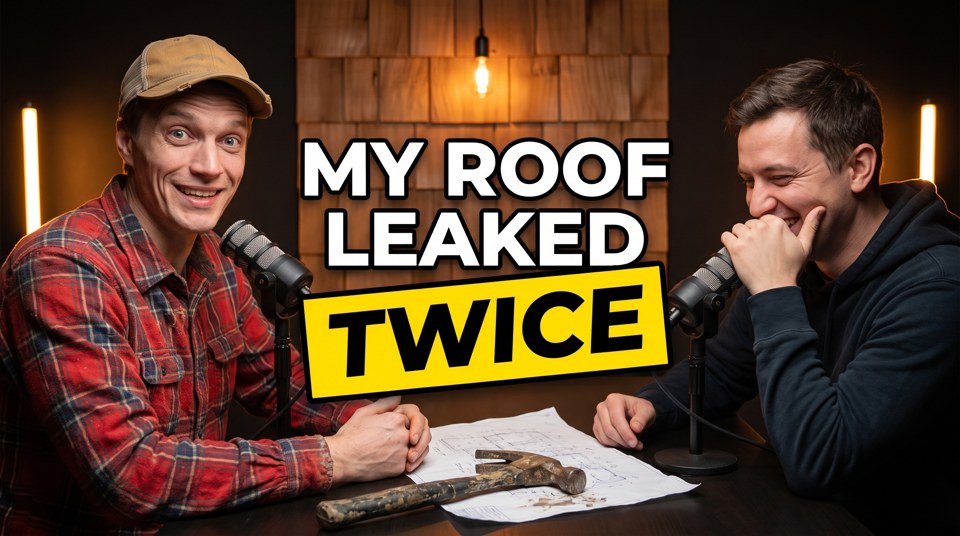 AI thumbnail: MY ROOF LEAKED TWICE, two podcast hosts